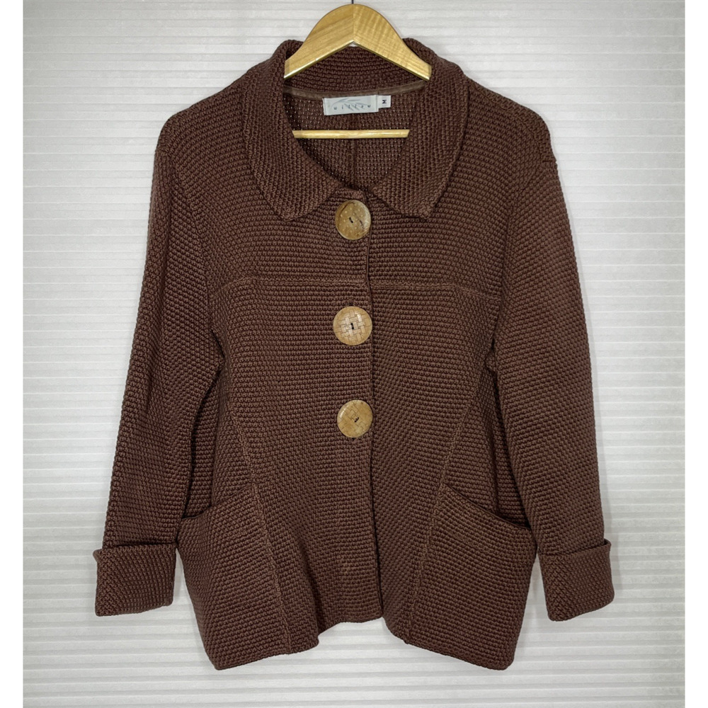 Willow Cardigan Sweater M Brown Heavy Knit Cotton Boho Lagenlook Wooden Buttons